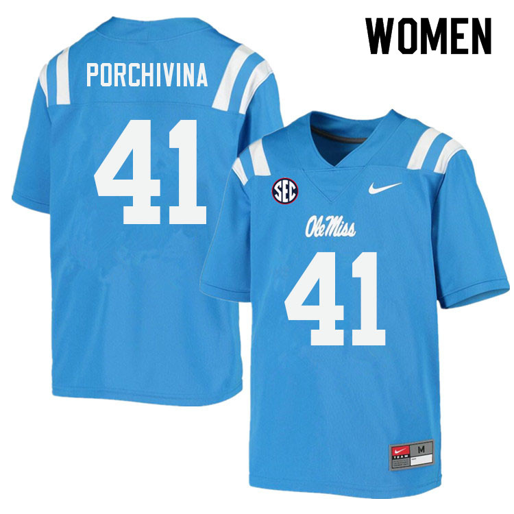 John Porchivina Ole Miss Rebels NCAA Women's Powder Blue #41 Stitched Limited College Football Jersey UGC7258CS
